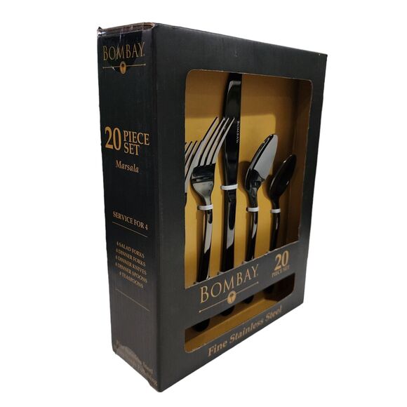 Bombay 20 Pc Set MARSALA Fine Stainless Steel Utensils Flatware Black NEW - Picture 4 of 10